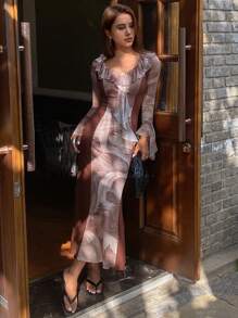 DAZY Floral Patchwork Ruffle Hem Long Fitted Elegant Resort Dress, Boho Style, For Spring & Summer Women,Fall Clothes Long Sleeve Dress - Brown - View 5