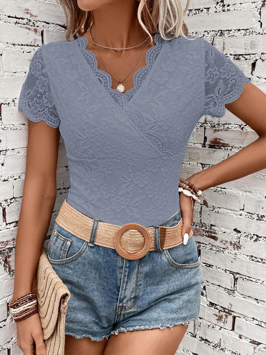 SHEIN Clasi Women's Floral Lace V-Neck Short Sleeve Elegant Bodysuit - Baby Blue - View 1