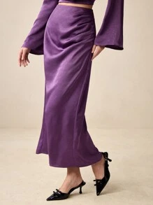 BizChic Chân váy dài xếp ly thanh lịch màu trơn cho nữ - Màu tím - Xem 3