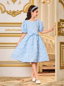 SHEIN Tween Girl Casual Fashion Ruffle Hem Plaid Print Sweet Patchwork Contrast Color Dress, Suitable For Summer, Layering, Outdoor Wear, Comfortable Soft Fabric For Casual, Party, Holiday, School - Blue - View 6