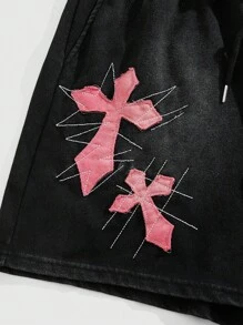 ROMWE MEN Goth Men's Cross Print Drawstring Waist Pocketed Casual Shorts