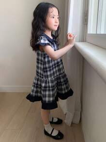 DAZY Young Girls' Plaid Bow Decor Ruffled Hem Cute Dress - Navy Blue - View 7