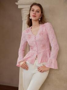 MOTF PREMIUM 贴花荷叶边下摆衬衫 - 粉色 - 查看 4