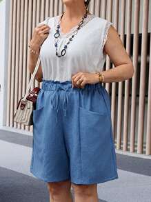 EMERY ROSE Plus Size Casual Solid Color Double Pocket Shorts - Blue - View 3