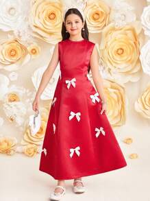 SHEIN Leap Crew Tween Girl 优雅圆领无袖蝴蝶结细节派对连衣裙