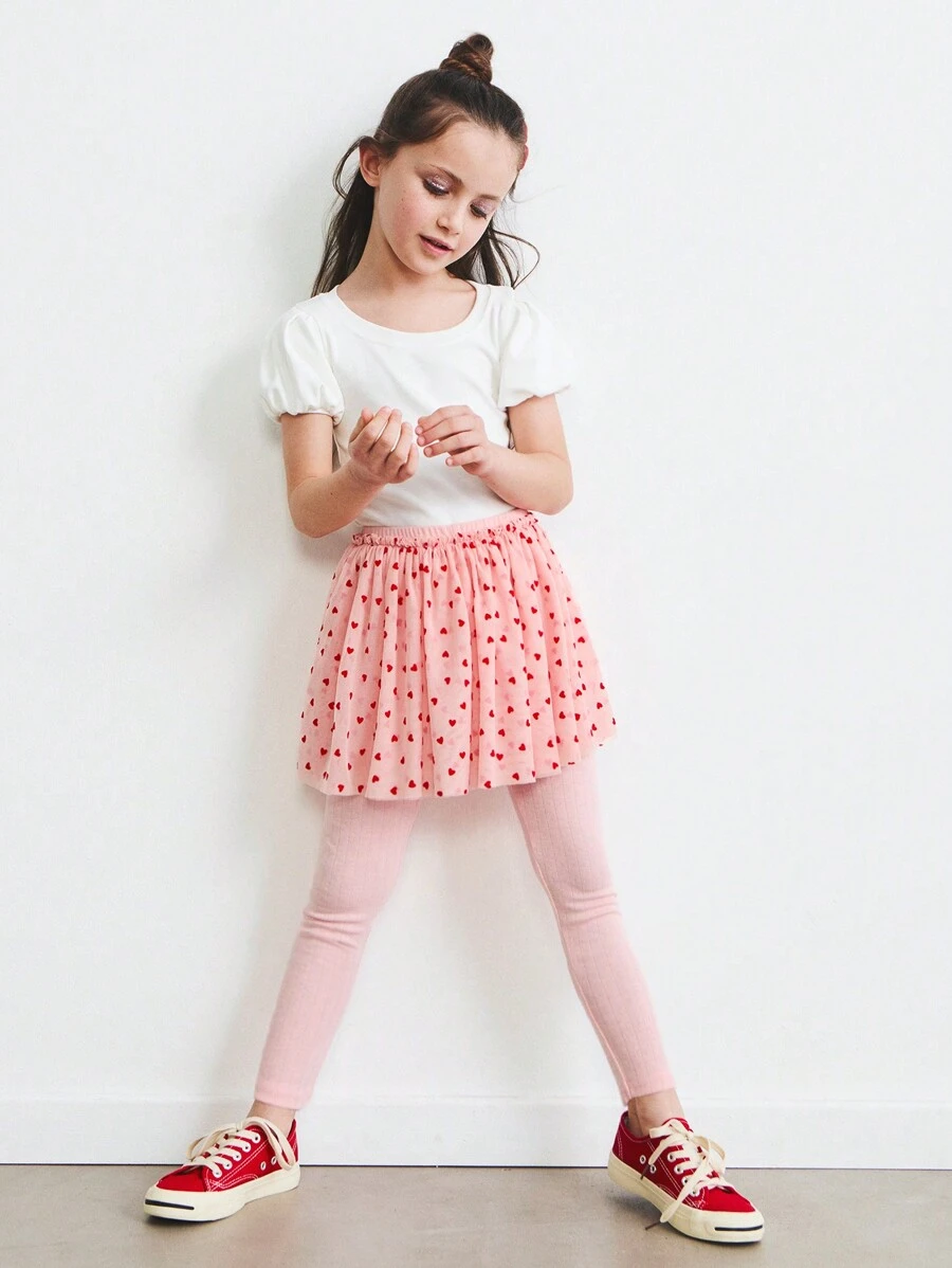 SHEIN Girls Cute Heart Pattern Mesh Skirt With Pink Tight Leggings, Suitable For Valentine's Day, Spring