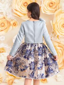 SHEIN Leap Crew Tween Girl 优雅荷叶边领长袖上衣和裙子 2 件套 - 藍色 - 查看 8