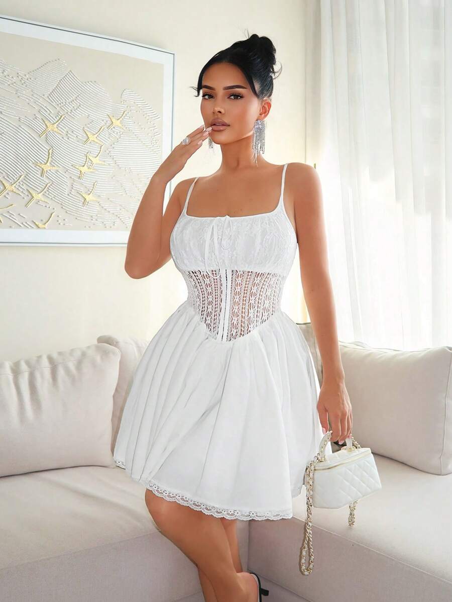 SHEIN SXY Women's Summer Casual Minimalist Mini Dress, Fashionable For Daily Wear,White Dresses For Women, Bridal Shower Dress White,Birthday Dresses For Women Women Formal, Prom Dresses For Women,Sexy,Lace - White - View 1