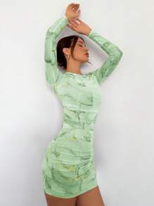 Aloruh Women's Autumn/Winter New Romantic Date Tie Dye Print Sheer Mesh Bodycon Long Sleeve Mini Dress,Sage Green Dress - Green - View 3