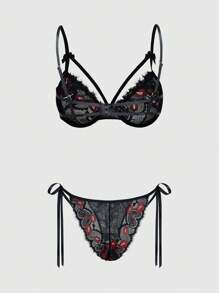 ROMWE Goth 哥特式浪漫心形笼式文胸配绑带蝴蝶结开裆内裤性感内衣套装