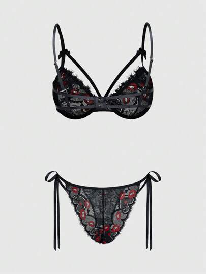 Goth Goth Romantic Heart Cage Bralette With Strapped Bowknot Crotchless Panty Sexy Lingerie Set