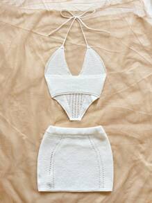Soleia 2pcs/Set Women Solid Color Hollow Neckline Knitted Top And Knitted Mini Skirt Holiday Date Night Afternoon Tea Spring Summer Vacation - White - View 2