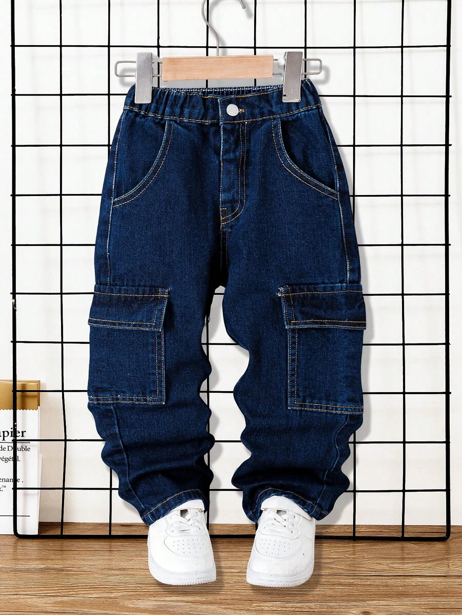 SHEIN X JIMENA & MATEO Jeansy cargo dla chłopców, luźne, kontrastowe, z prostymi nogawkami, uniwersalne