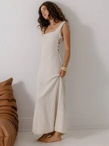 Aralina Summer Vacation Beach Linen Stripe Maxi Dress With Lace Up - Blue - View 7