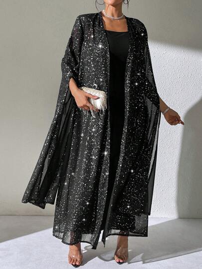 SHEIN Clasi 2 件套女士优雅金属印花长款紧身吊带连衣裙和喇叭袖雪纺外套套装