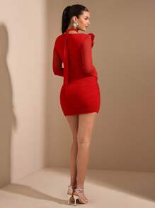 SHEIN BAE Women's Asymmetric Hollow Out Bodycon 3D Floral Ruched Long Sleeve Mini Dress, Spring/Summer Vacation Beach, Autumn/Winter Early Spring, Sexy Minimalist Elegant - Red - View 2