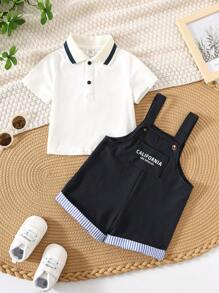 SHEIN Leap Crew 2件套男婴可爱休闲学院风短袖字母印花polo衫和背带短裤套装（含内衣），适合生日派对、晚宴、演出、婚礼、迎婴派对、一周岁生日庆祝等场合。 - 彩色 - 查看 5