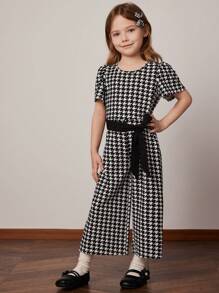 PrepCrw 年轻女孩春夏学院风黑白千鸟格针织泡泡袖圆领连体裤 - 黑與白 - 查看 1