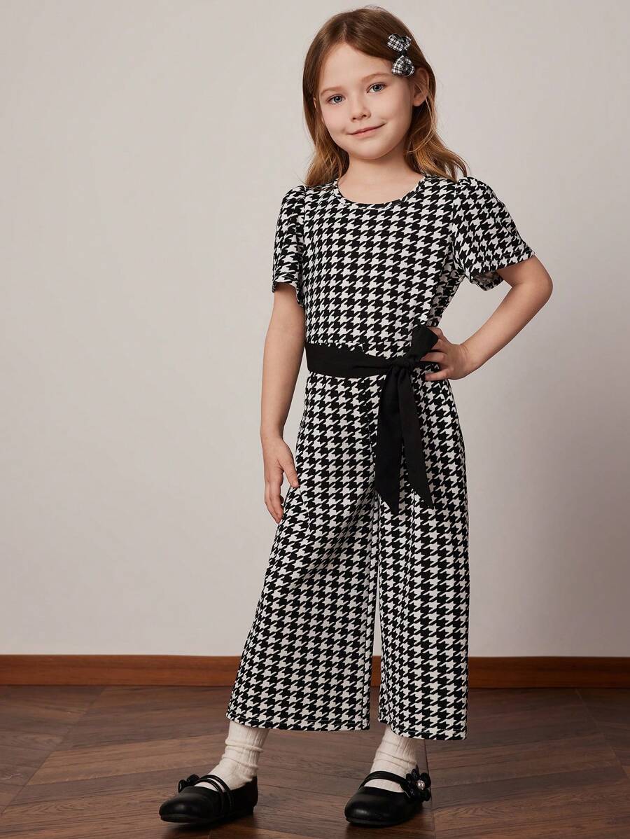 PrepCrw 年轻女孩春夏学院风黑白千鸟格针织泡泡袖圆领连体裤 - 黑與白 - 查看 1