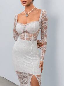 Chiquease 女士蕾丝性感方领紧身褶皱开衩连衣裙 - 白色 - 查看 6