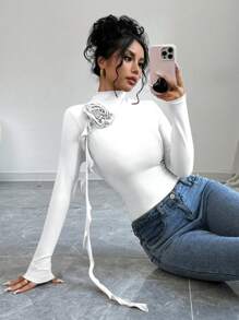 Firerie 女士亚麻色高领长袖花卉 3D T 恤