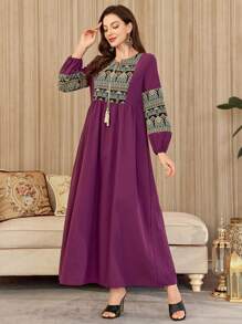Al Najma Women's Elegant Arabic Style Mixed Geometric Print Lantern Sleeve Dress,Modest - Red Violet - View 5