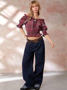 Easelle Women's Casual Retro Red Plaid Puff Sleeve Shirred Frill Trim Slim Fit Blouse - Red - View 2