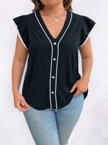 SHEIN Unity 大码女式黑白 V 领休闲短袖衬衫，夏季