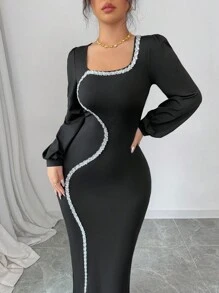 Modelyn Đầm dài tay dài đính sequin cổ vuông cho nữ - màu đen - Xem 3