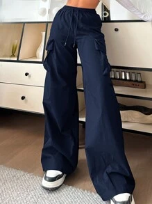 SHEIN EZwear 女士休闲纯色高腰阔腿裤宽松工装裤女士降落伞裤女士宽松裤女士海军蓝裤女士工装裤女士超大号裤子降落伞裤女士工装裤女士宽松海军蓝裤女士工装裤女士工作裤女士超大号裤子女士阔腿裤女士高腰女士工装裤 - 藏蓝色 - 查看 2
