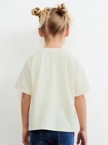 SHEIN Young Girls Round Neck Drop Shoulder Sequins Bead Print Short Sleeve Beige T-Shirts, Casual Style, Spring, Suitable For Valentine's Day - Beige - View 2