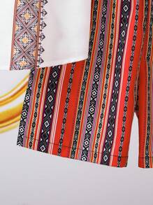 2pcs/Set Young Boys Traditional Floral Print Retro Pattern Woven Stand Collar Shirt And Shorts Set, Affordable, Elegant, Vintage Design, Suitable For Kids Outfits, Back To School, Birthday Parties, Evening Events, Performances, Weddings, Baptisms, School Commencements, Daily Wear, School, Travel, Sports, Spring, Summer - White - View 5