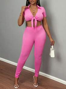 Slaydiva 2pcs/Set Sexy Chic Collared Lace-Up Short Sleeve Top And Tight Pants, Pink - Pink - View 6