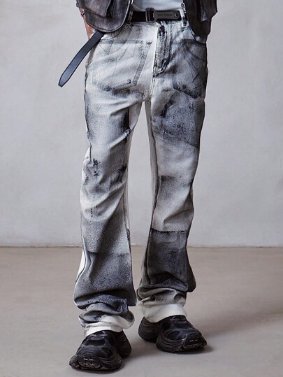 Grunge Punk Jeans de hombres con pierna acampanada y lavado de color desgastado en capas