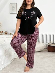 Plus Size Cat & Leopard Print Pajama Set, Adorable - Multicolor - View 5