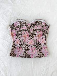 Soleia Parte superior ajustada y linda con decoración de estampado de leopardo y flores, apropiada para vacaciones, té de la tarde, fiestas, citas, Día de San Valentín y todo el año - Multicolor - Ver 7