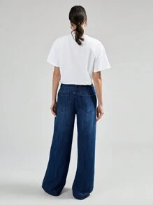 Ontre Women's Dark Blue Jeans Casual Low Rise Wide Leg Pants Drawstring Waistband Spring Jeans - Dark Wash - View 3