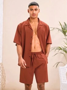 Manfinity VCAY Men's Woven Casual Loose Short Sleeve Shirt And Elastic Waist Straight Leg Shorts 2 Pieces Set - Brown - View 3