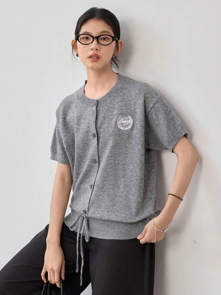 Collegiate Style Embroidered Pattern Drawstring Tie Women Cardigan