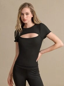 T-shirt de sport à manches courtes, col rond et décolleté pour femmes - Noir - Voir 7