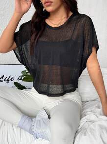 Easithlete Sexy Solid Color Sheer Backless Short Sleeve Sports T-Shirt - Black - View 5