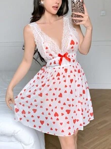 Sexy Mesh Heart Design Slit Maxi Nightgown For Women, Valentine's Day