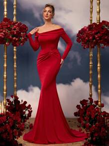 Glamrae Elegante y lujoso vestido largo tipo sirena con mangas largas elásticas de punto fruncido y contraste de color metálico, vestido ideal para invitadas de boda, apto para bodas, fiestas, vacaciones, galas, eventos de noche y vestidos formales - Rojo - Ver 5