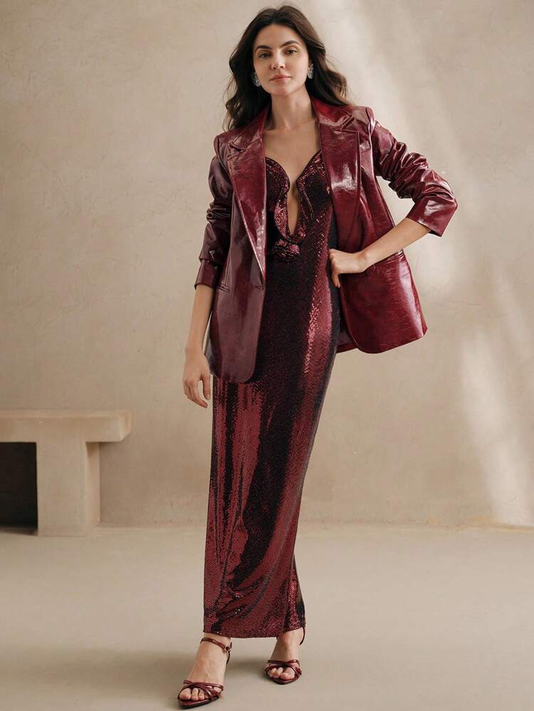 Blazer enrobé à col V pour femmes Ancorra Rouge, convient pour la Saint-Valentin, le Nouvel An et les festivals