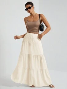 SHEIN Tall Falda blanca de gran vuelo con forro blanco para mujer, adecuada para vacaciones y salidas - Beis - Ver 6