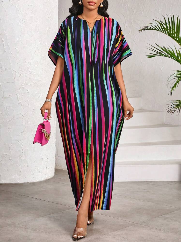SHEIN Lady Elegant Casual Work Party Color Stripes Print V Neck Slit Butterfly Sleeve Women Dresses Long Dress - Multicolor - View 4