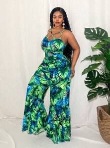 Slaydiva Monos de verano casuales nuevos de 2025 con estampado floral verde, sin mangas, con tirantes cruzados y con capas, para talla grande, adecuados para vacaciones, fiestas y ocasiones elegantes en primavera/verano