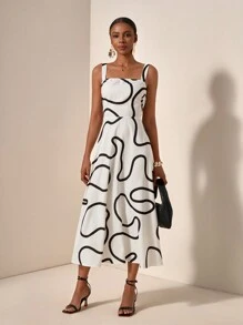 Zivah 休闲宽松衬衫设计感白色抽象条纹细肩带宽松腰部 A 字印花女装连衣裙 - A - 白色 - 查看 3