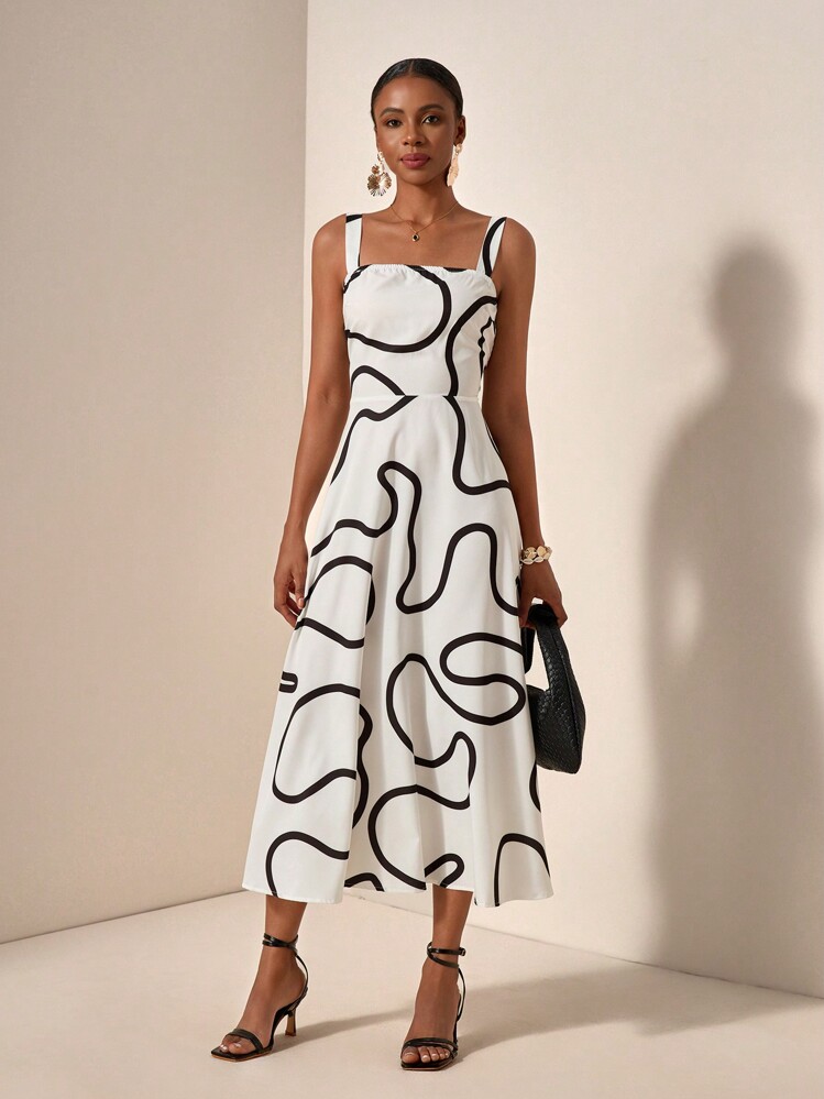 Zivah 休闲宽松衬衫设计感白色抽象条纹细肩带宽松腰部 A 字印花女装连衣裙 - A - 白色 - 查看 3