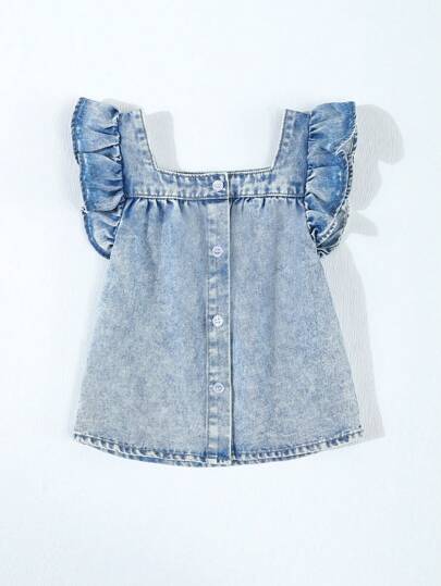 Blusa casual azul claro de diario para niñas jóvenes con cuello cuadrado, manga corta de volantes, ajustada y esbelta, adecuada para el verano